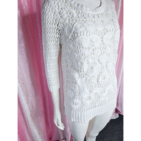 Christopher & Banks White Crochet Cotton Knit Flower Sweater Size Medium - Picture 5 of 15